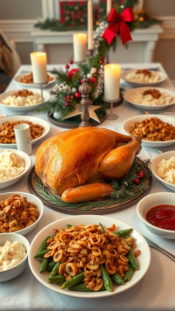A festive Christmas dinner table with roast turkey, stuffing, mashed potatoes, green beans, and cranberry sauce.
